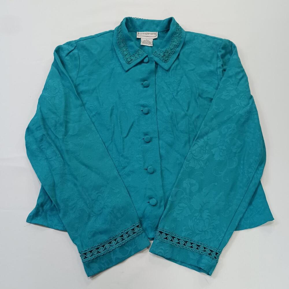 Karin Stevens Women's Turquoise Open Back Front Button Blazer Jacket Size 8 - Picture 14 of 16
